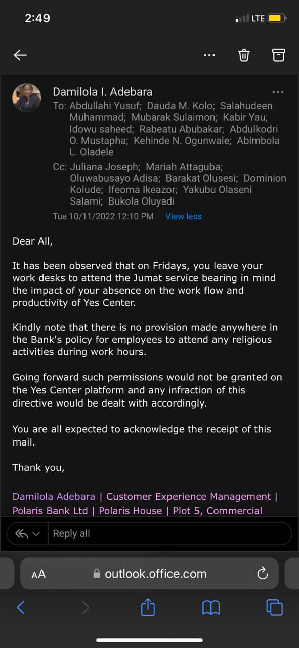 A screenshot of the purported email said to have been sent to the Muslim staff